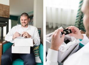 groom opening up cufflinks on his wedding day