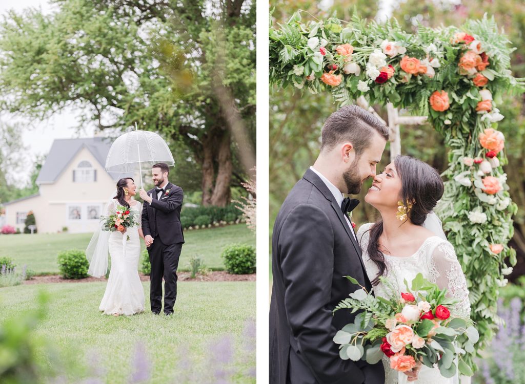bride and groom portraits in the rain at flora corner farm photographed by costola photography