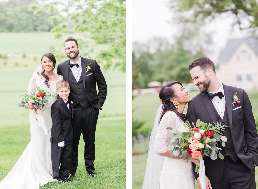 bride and groom portraits in the rain at flora corner farm photographed by costola photography