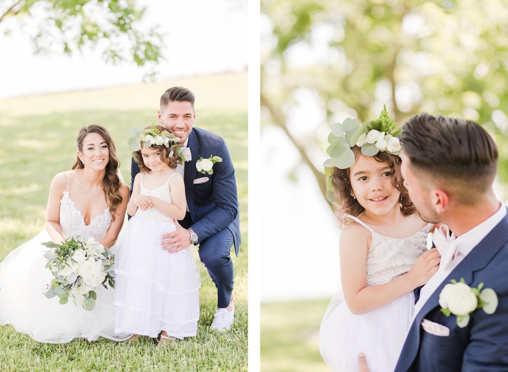 bride and groom with daughter at southern maryland waterfront venue by costola photography