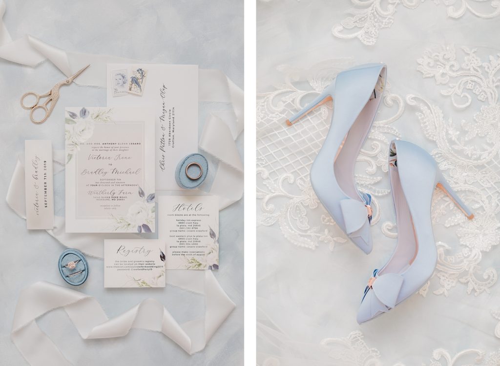 Blue and White wedding shoes and invitations at waterfront weatherly farm wedding by Costola Photography