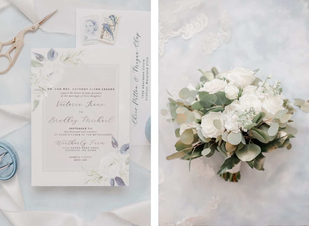 Blue and White wedding details at waterfront weatherly farm wedding by Costola Photography