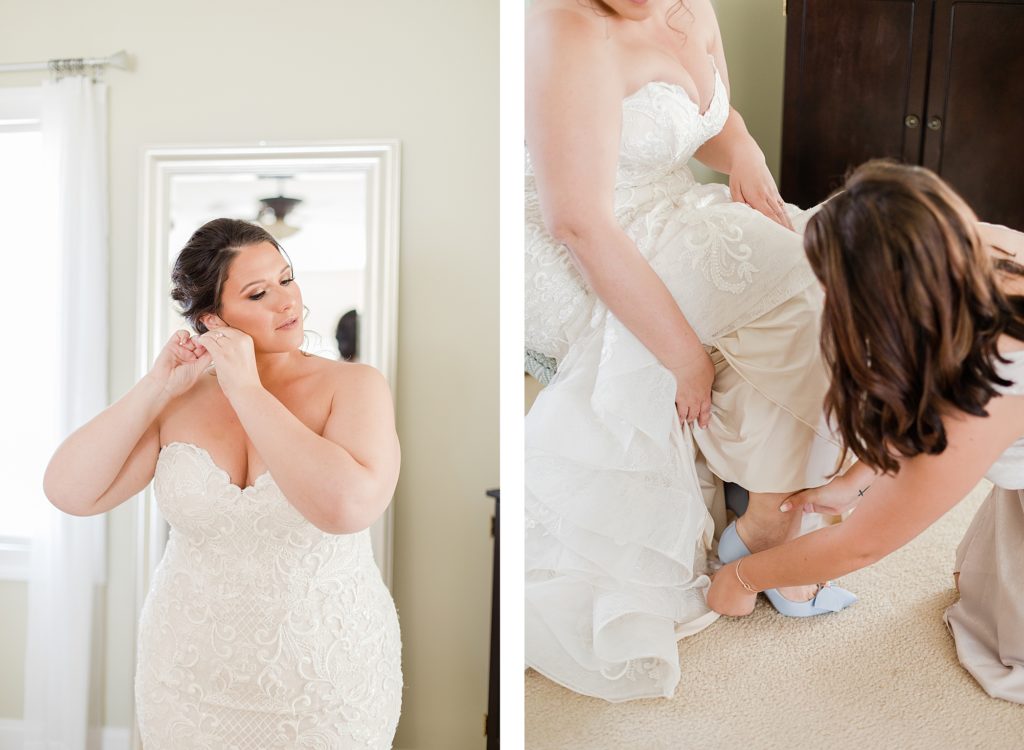 bride getting ready at waterfront weatherly farm wedding by Costola Photography