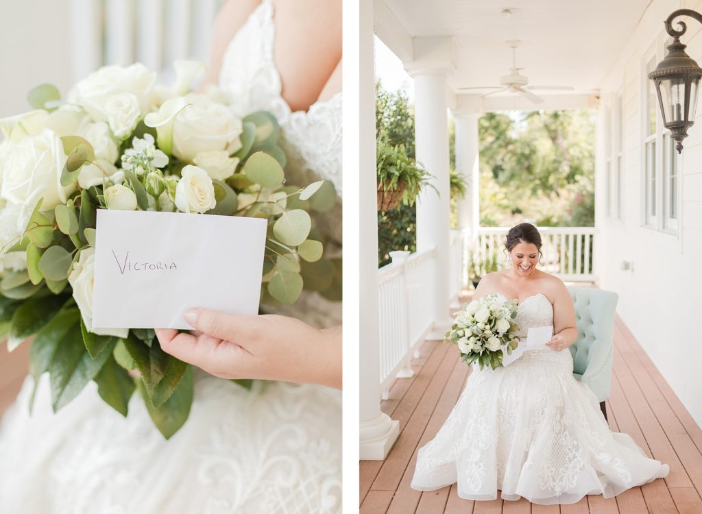 bride reading letter from groom at waterfront weatherly farm wedding by Costola Photography