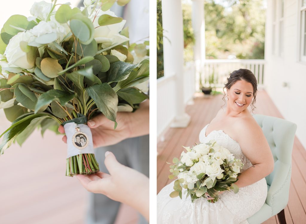 bride on front porch at waterfront weatherly farm wedding by Costola Photography