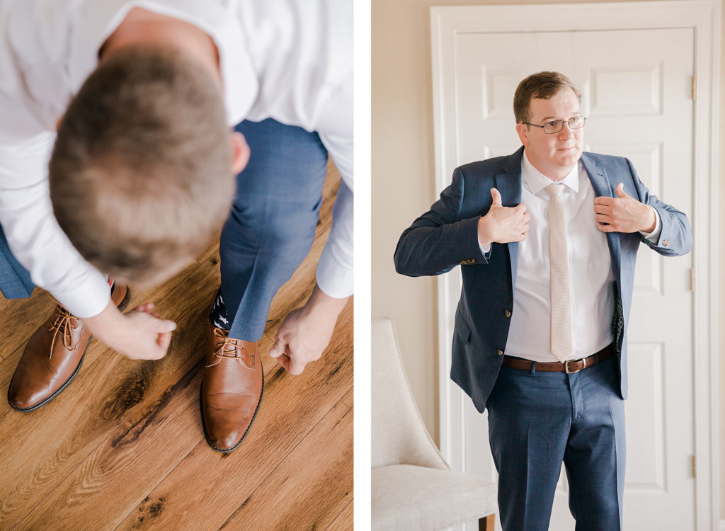 groom getting ready at waterfront weatherly farm wedding by Costola Photography