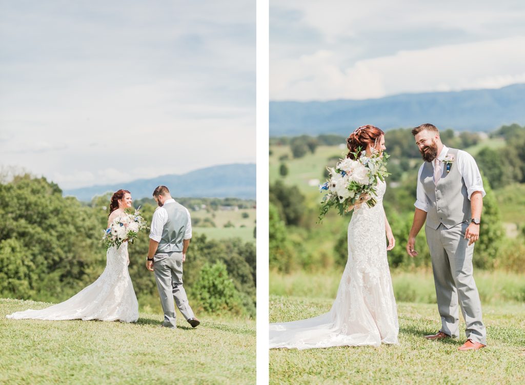 First look overlooking the mountains at The Homeplace at Johnston Farm by Costola Photography