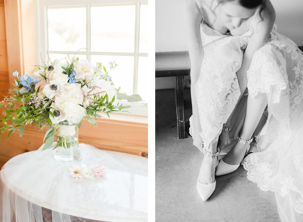 Bride putting on her shoes at classic Tennessee summer wedding by Costola Photography