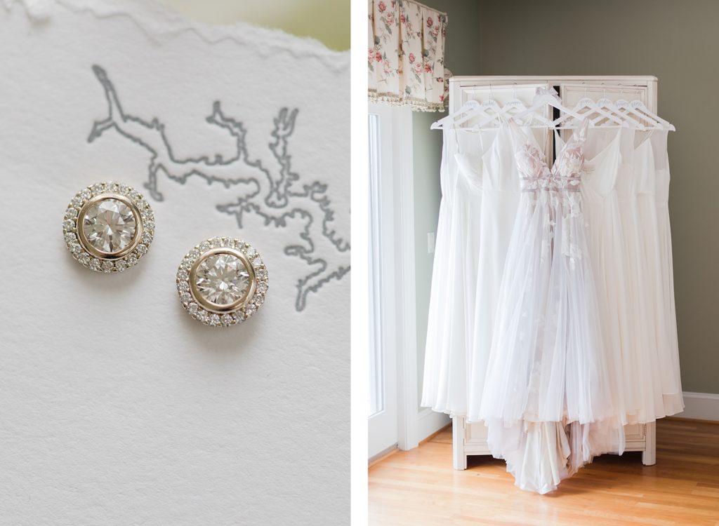 diamond earrings and dresses hanging by Costola Photography