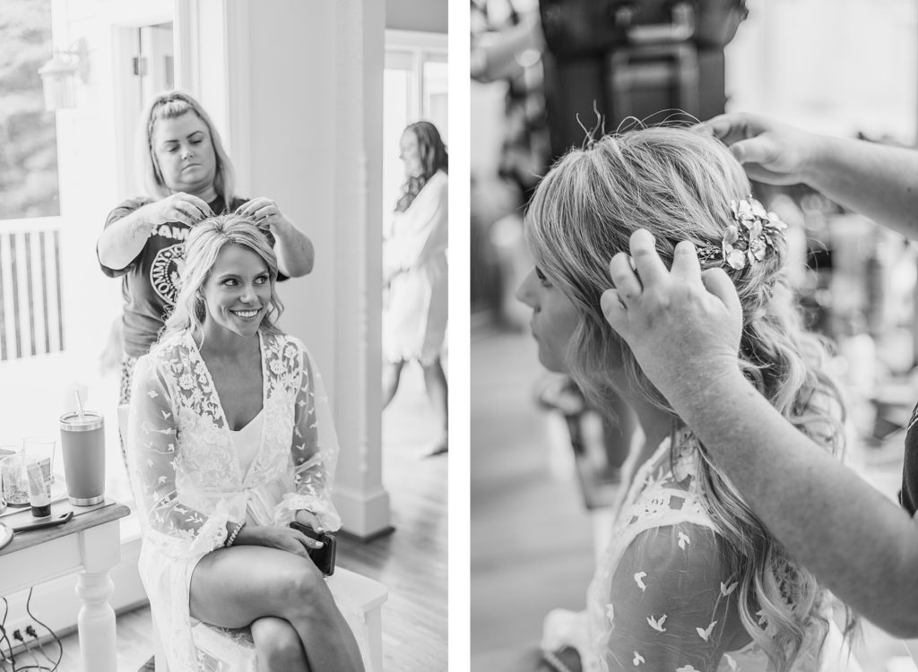 bride getting her hair done by Costola Photography