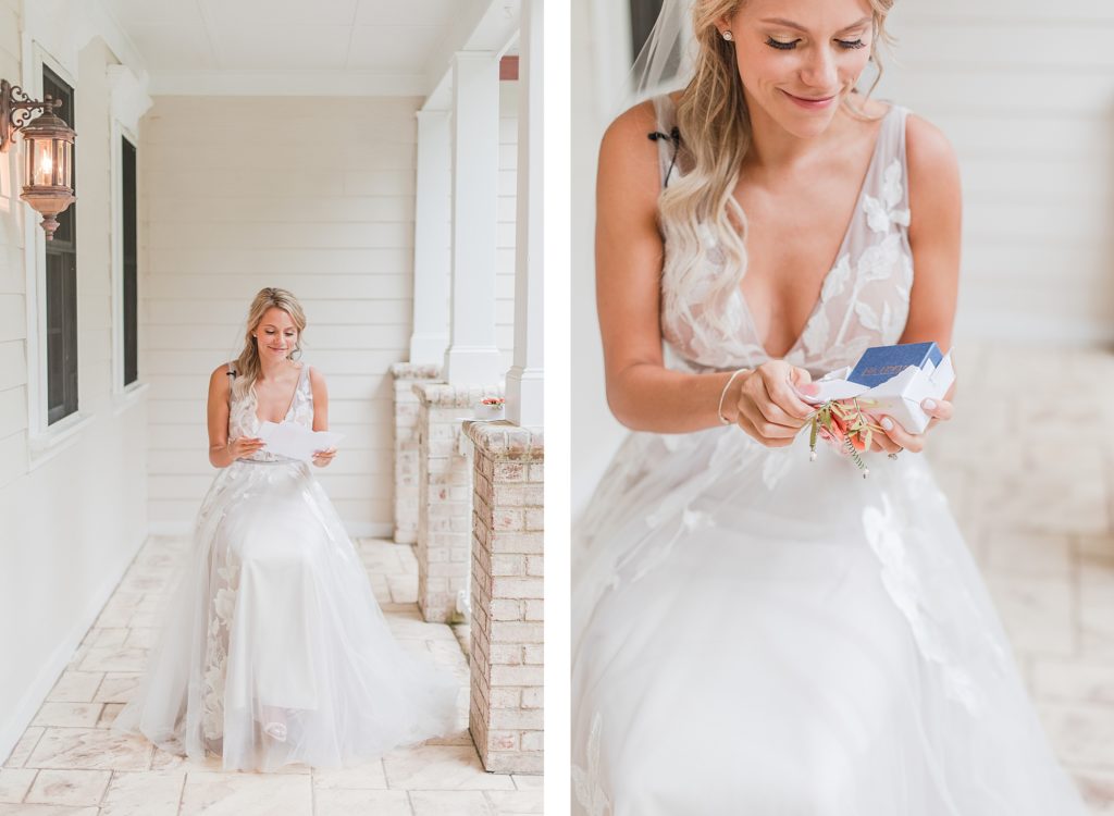 Bride opening present from groom by Costola Photography