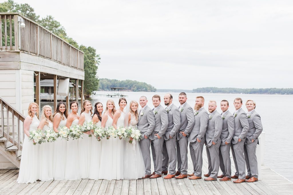All White Bridal Party Bridesmaids Dresses at Southern Wedding on Lake Gaston by Costola Photography