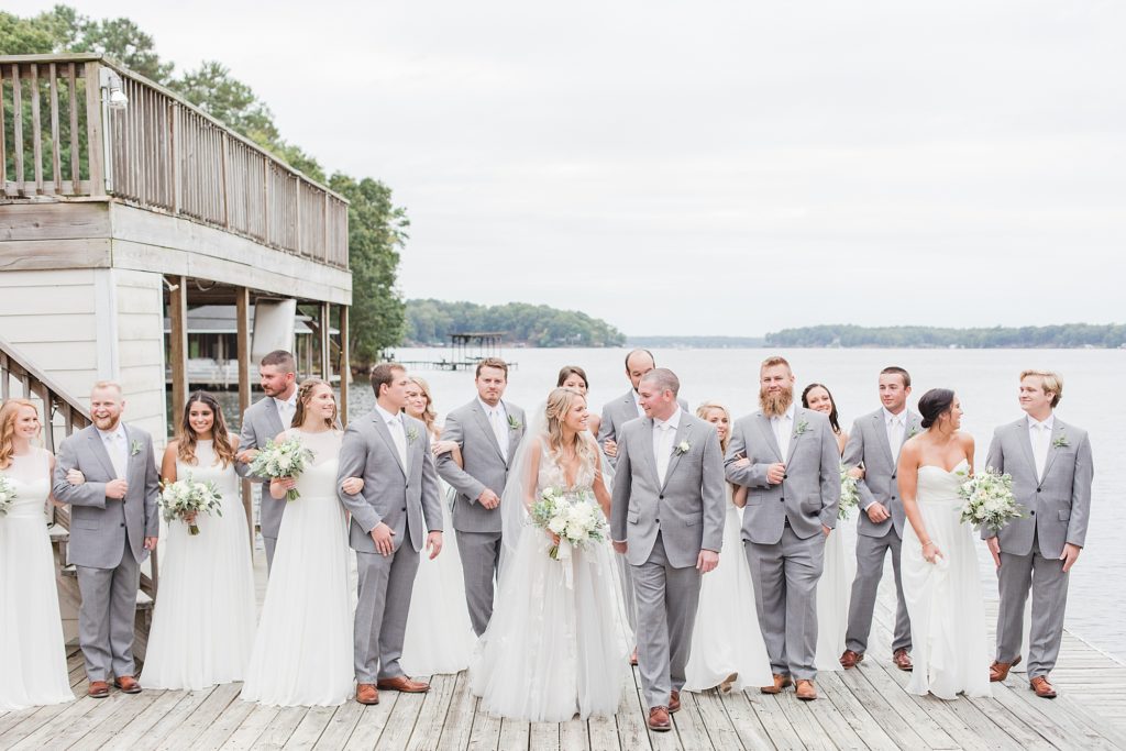 All White Bridal Party Bridesmaids Dresses at Southern Wedding on Lake Gaston by Costola Photography