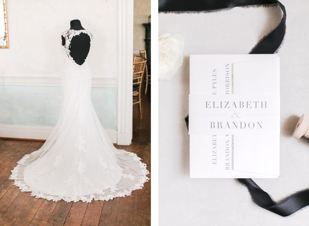 dress and invitation suite for black and white winter wedding at the kyle house by costola photography