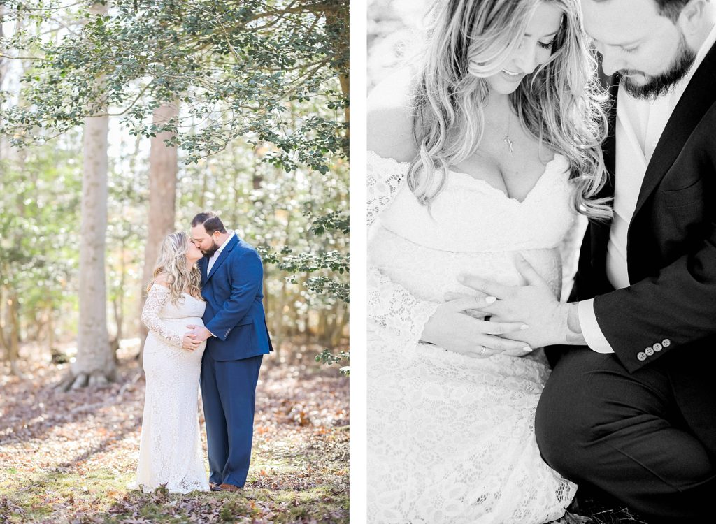 maternity session in the winter wearing a white gown in the woods by costola photography