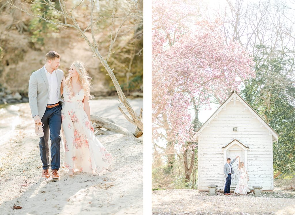 Couple under cherry blossoms at Greenwell State Park for engagement session by Costola Photography
