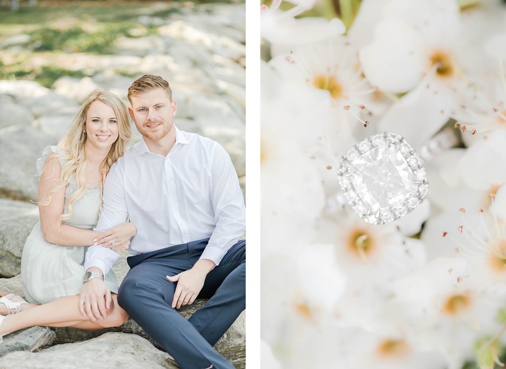 Couple under cherry blossoms at Greenwell State Park for engagement session by Costola Photography