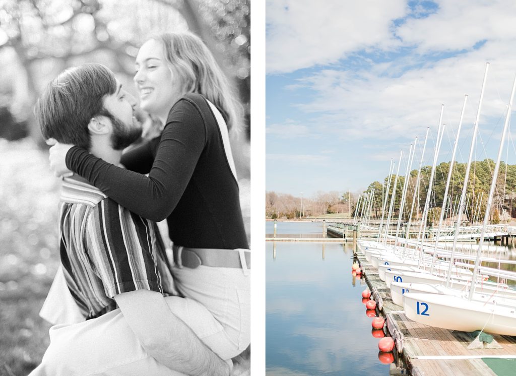 Couple laughing by the docks at Historic St Marys City engagement session by Costola photography