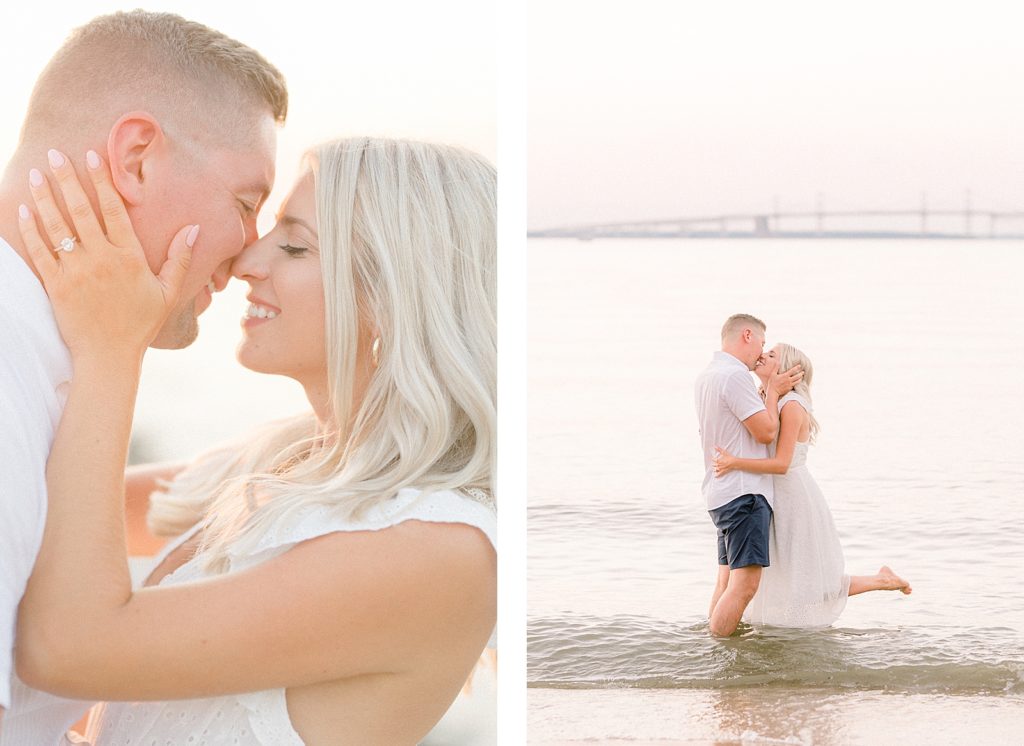 Couple Kissing on the beach at a Romantic Eastern Shore Engagement Session by Costola Photography