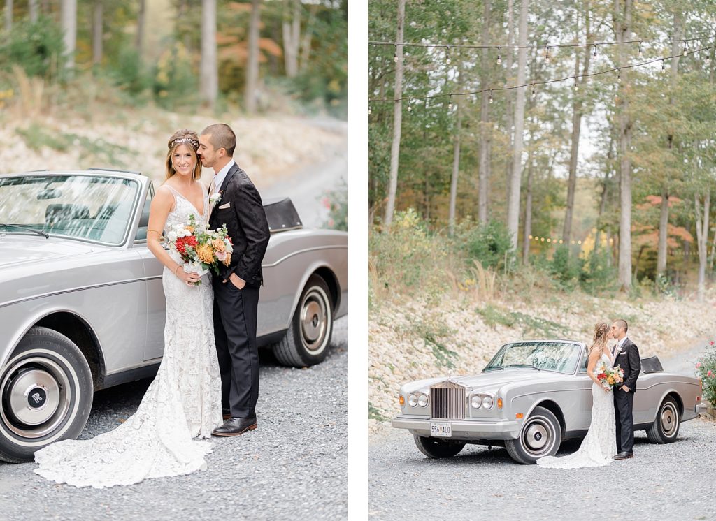 Rolls Royce Car and Bride and Groom at Boho Chic Shenandoah Woods Wedding
