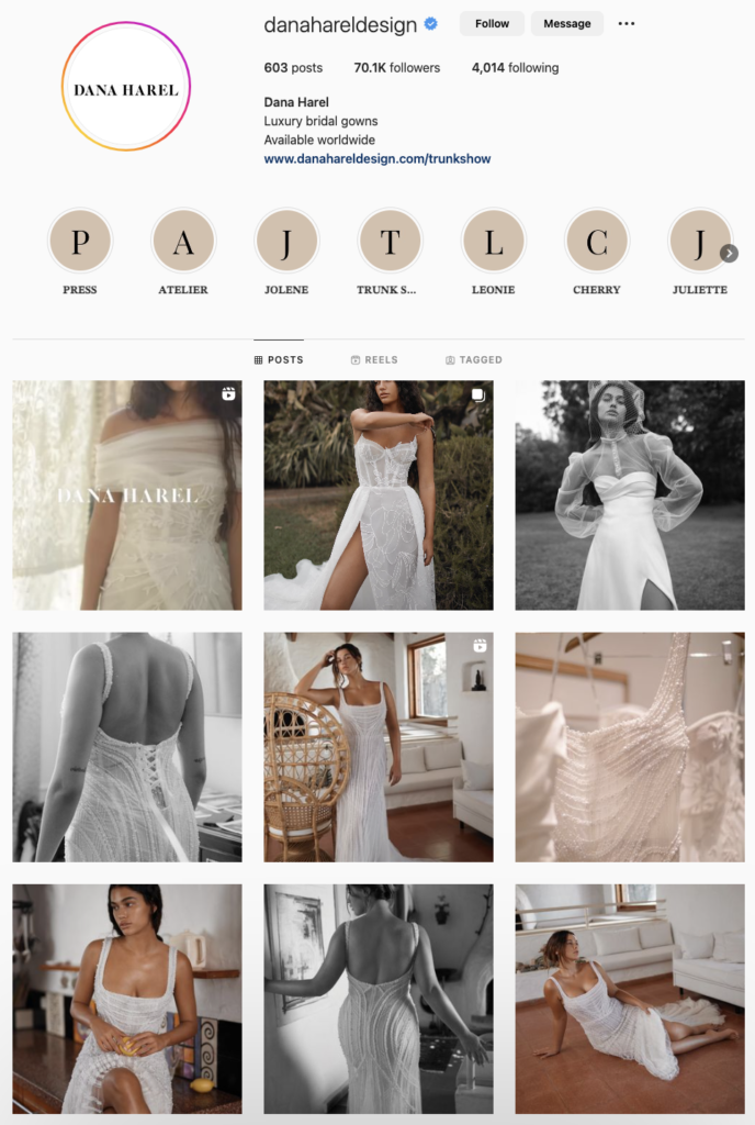 IG page of a wedding dress designer Dana Harel