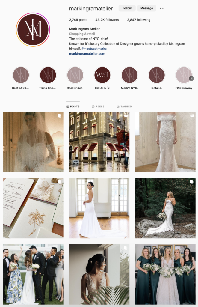 IG page of a wedding dress designer Mark Ingram