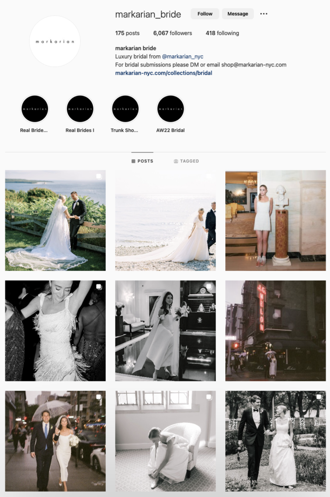 IG page of a wedding dress designer Markarian